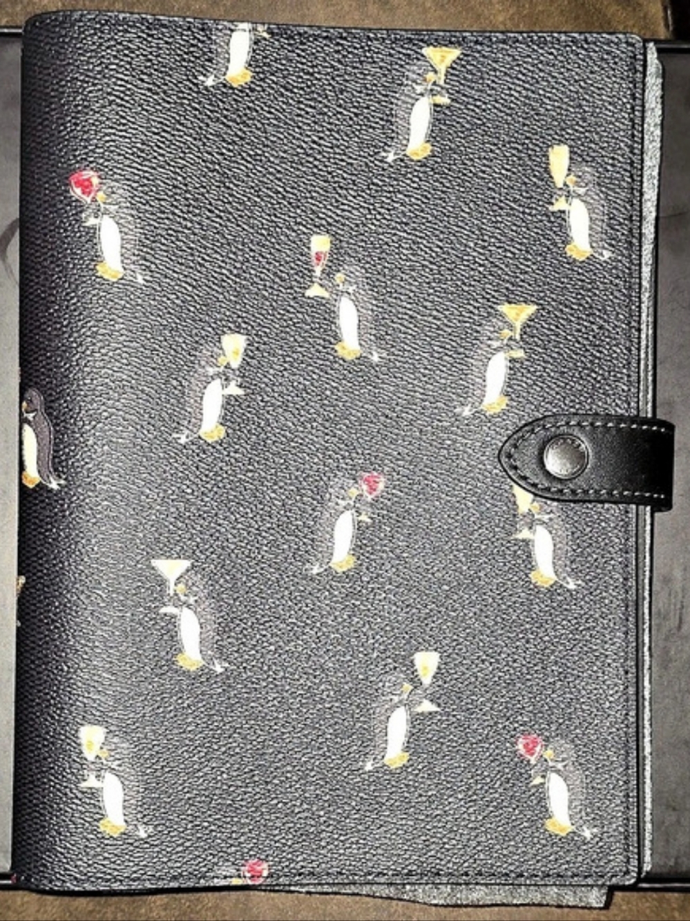 Coach Black Leather Penguin Print Notebook Journal Cover Snap Folio NWOT